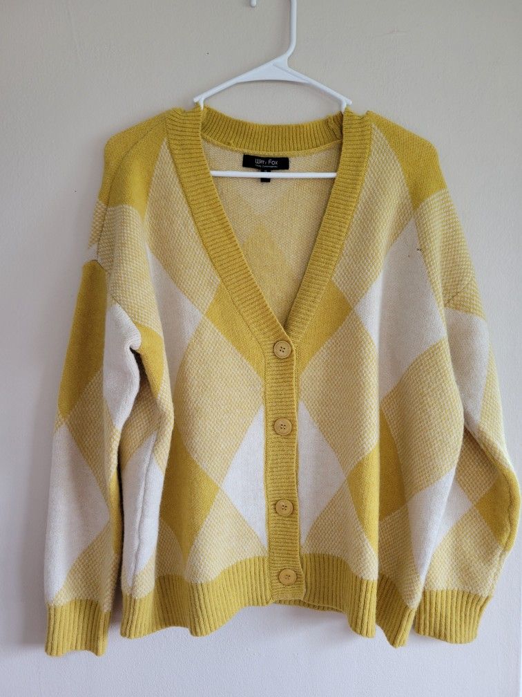 Witty Fox Argyle Button Cardigan Sweater | Yellow, Size XL