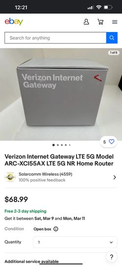 Verizon Internet Gateway LTE 5G Model ARC-XCI55AX LTE 5G NR Home Router