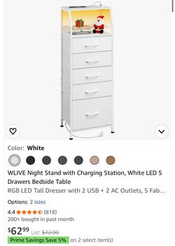 Night Stand with charging Station white LED 5  drawers bed side  table😍