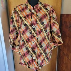 Vintage Women’s Orange And Brown Plaid Fall Reversible Jacket Sz Large Pockets 