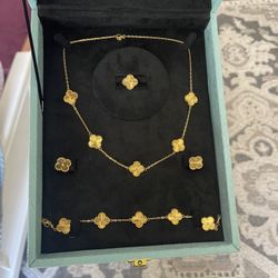 37.5 Grams 21 K Gold Set Leaf Clover Necklace,  Earring, Ring And Bracelet 