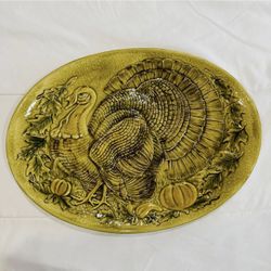Vintage Embossed Turkey Serving Platter Oval Ceramic 17 In Thanksgiving Holiday