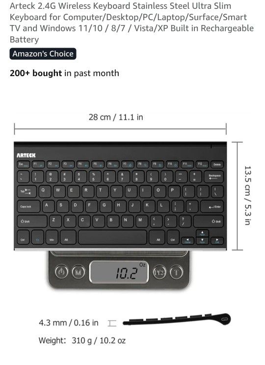 Arteck 2.4G Wireless Keyboard Stainless Back