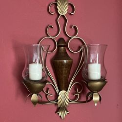 Vintage 16" Wall Sconce Double Candleholder with Gold Metal Scrolls, Leaves and Wooden Design