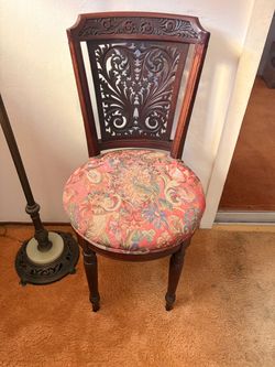Antique Wood Chair with Floral Upholstered Seat