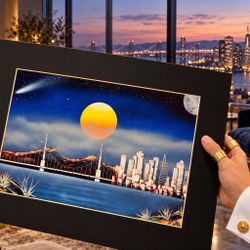 LRG Vintage Original Fine Art ANGEL SANTOS San Francisco Skyline Enamel Painting Drawing Signed SF Bay Bridge 16x20 Matting Street Artist HILLCREST