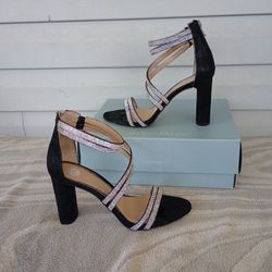 Reene Rhinestone Embellished Hotfix Metallic Leather Dress Sandals size 8.5m