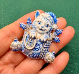 Blue and White Enamel Christmas Cat Brooch