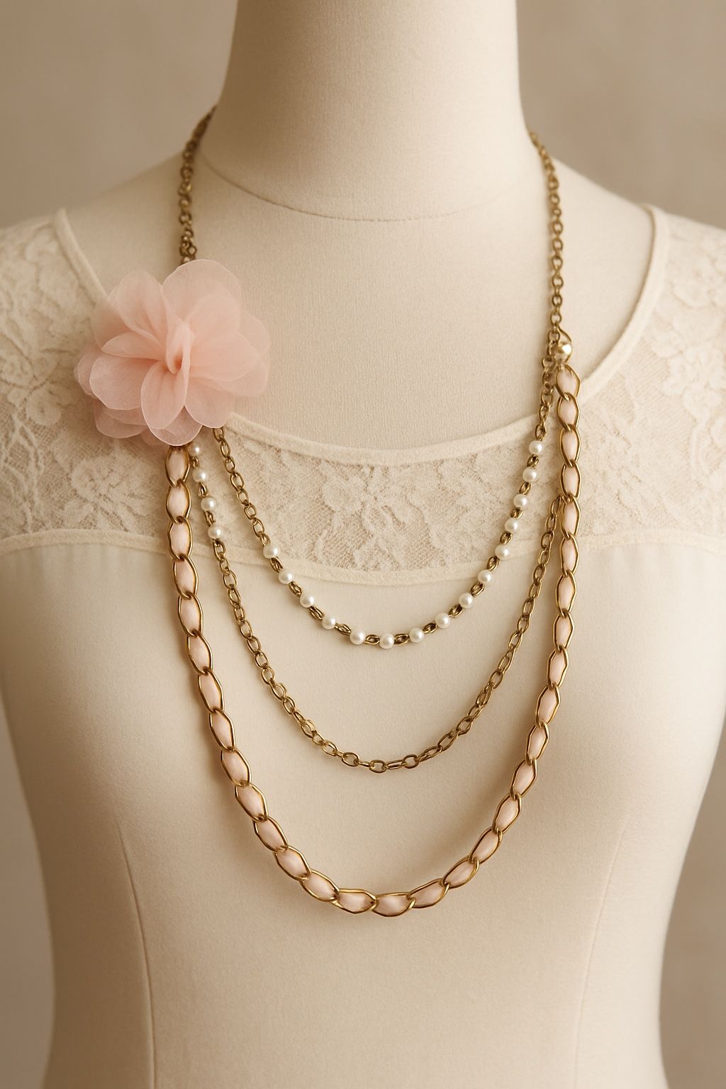 Vintage Blush Floral Chain Necklace Faux Pearls | Romantic Statement Piece 17in