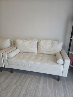 2 Kohrs 70" Mid Century Faux Leather Square Arm Sofa/ White