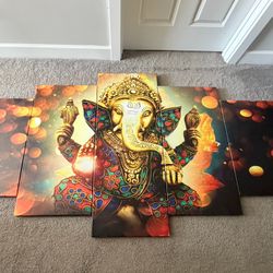 Large 5-Panel Ganesha Canvas Wall Art – Colorful Hindu Elephant God Artwork