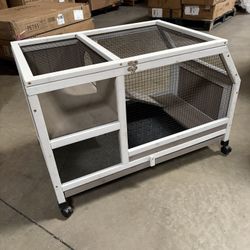 36''L Rabbit Hutch Outdoor with Casters and Run, Wooden Indoor 2 Story Guinea Pig Cage with Divider Panel, Pull Out Tray, Rabbit Duck Bunny House for 