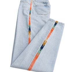 Knox Rose Embroidered Side Stripe Skinny Jeans Sz 2 High Rise Stretch Denim Boho Festival Light Wash
