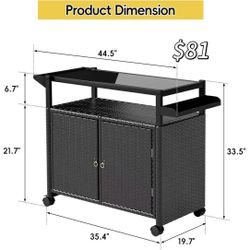 😀 Outdoor Bar Cart with Storage and Wheels, Outdoor Bar Table with Tempered Glass Top & Shelf, Rolling Wicker Storage Cabinet with Rounded Handle
