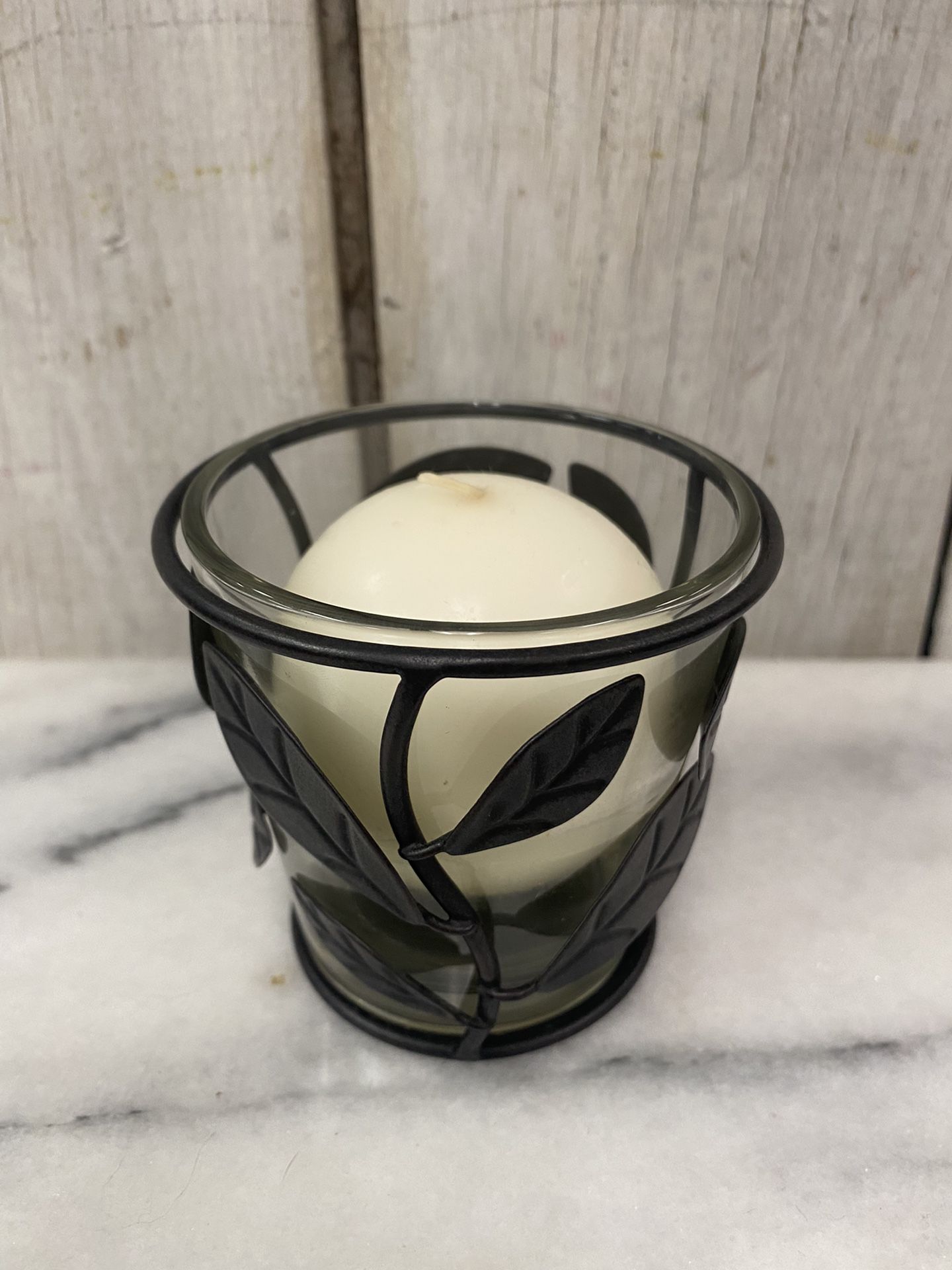 Small Metal Leaf Candle Holder w/ Round Ball Candle 