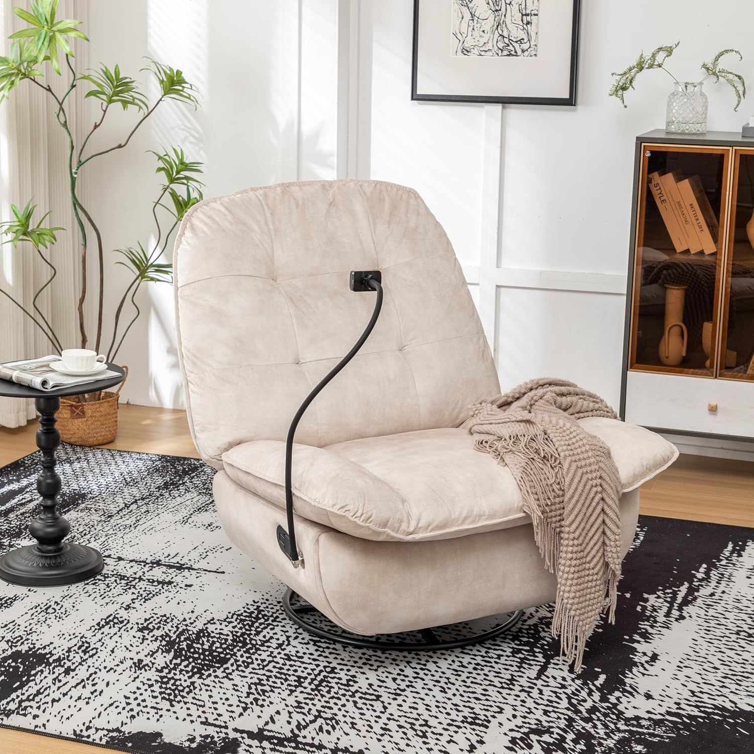 Ivory Velvet Oversized Swivel Gliding Rocker Recliner Chair w/ Adjustable Phone /Tablet Holder [NEW] **Retails for $429  [Some Assembly Req] 