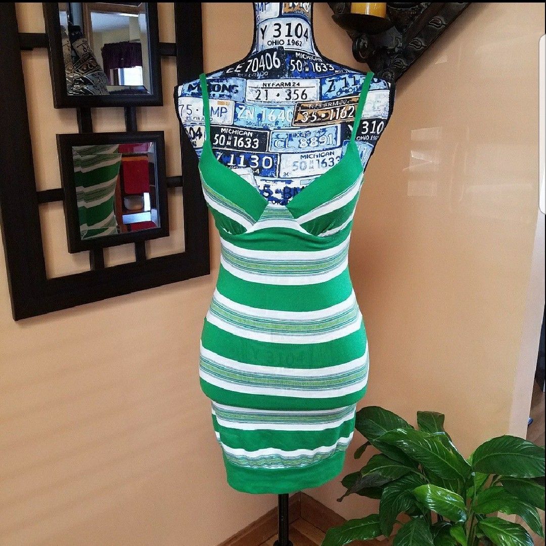 GREEN & WHITE STRIPED BODY CON MINI DRESS