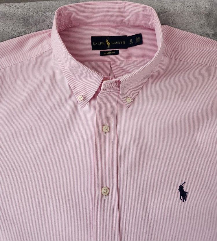 Polo Ralph Lauren Men's Long Sleeve Button Down Stripe Dress Shirt Size:17 36/37 Color: Pink/ White