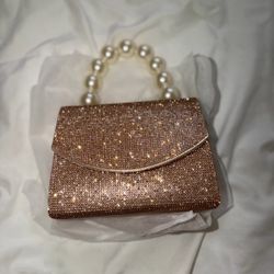 Rose Gold Crystal Clutch with Pearl Handle