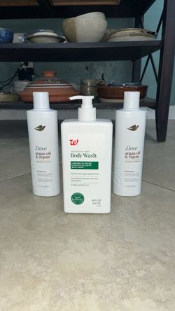 Dove Argan Oil & Repair Damage Therapy Shampoo, Walgreens Eucalyptus + Mint Body Wash