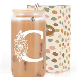 Coolife C Initial Glass Cup 16 oz Glass Cup w/Lids New $10
