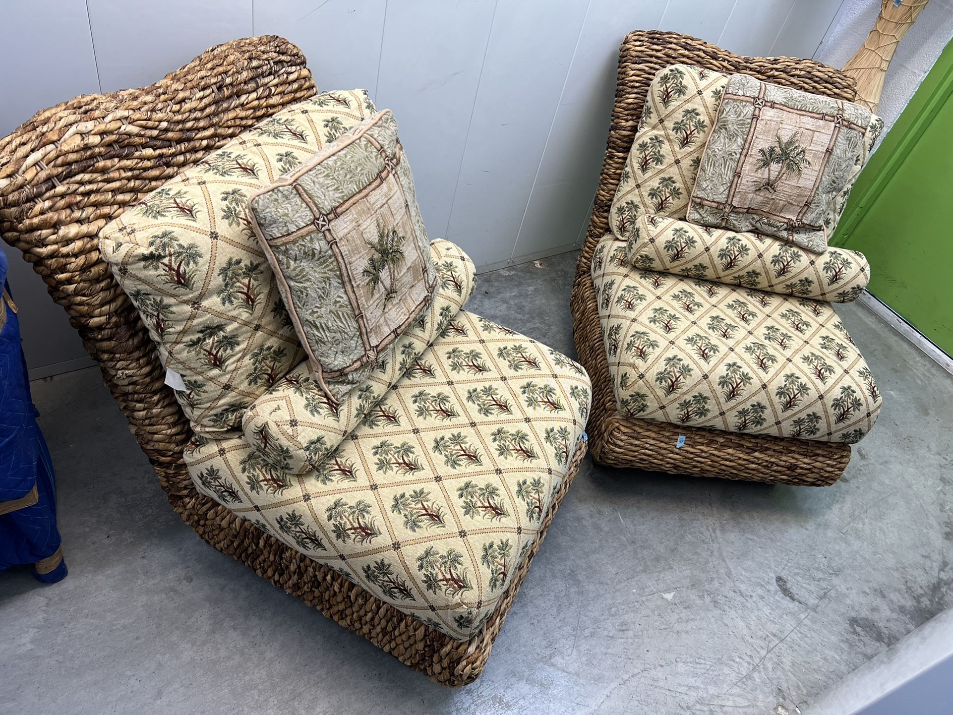 Coastal Palm Themed Pair Of Rattan Lounge Chairs