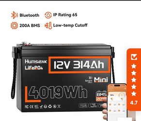 Humsienk 12V 314Ah Bluetooth LiFePO4 Battery 4kWh for Solar, RV, Marine