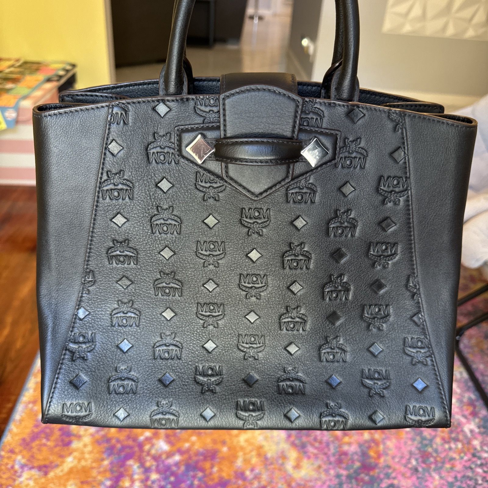 Beautiful MCM Essential Tote Handbag, Monogram Black Leather