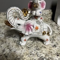 Elephant Porcelain Figurine Sculpture Statue white gold/Flowers Vintage Baby 
