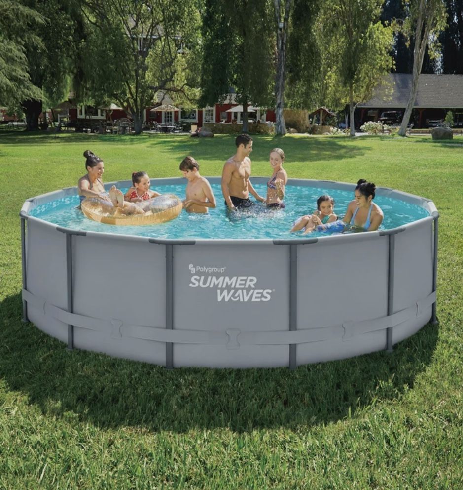 Summer Waves 14 ft Round Elite Frame Above Ground Pool, Cool Gray, Ages 6 and Up