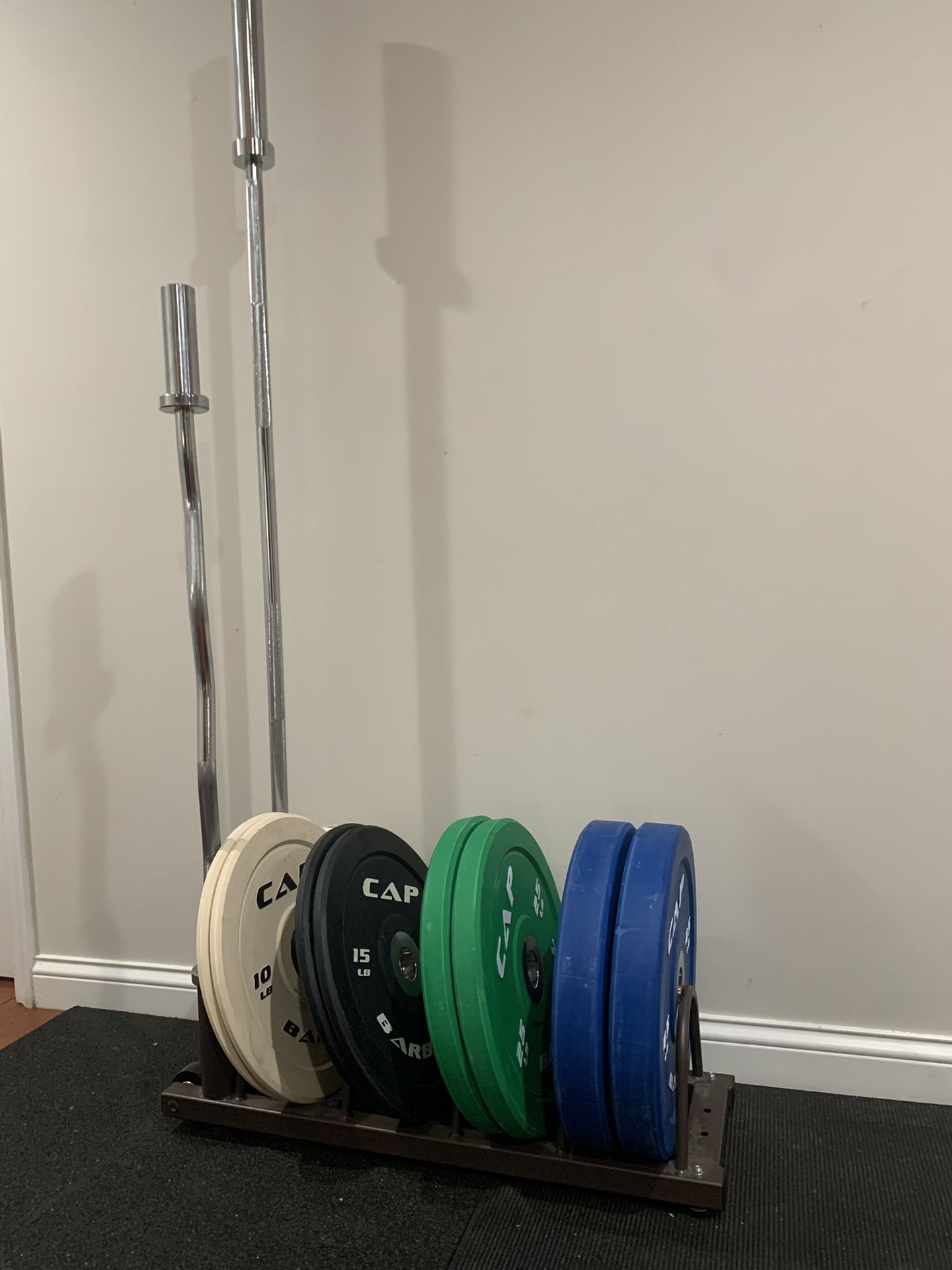 Set of Rubber cap Olympic weights with Rack and barbell and curl bar