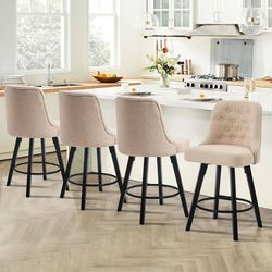 Counter Height Bar Stools Set of 4, 26" Linen Fabric Upholstered Counter Stools, 360° Swivel Barstools with Backs and Wood Legs, Modern Mid-Century Di