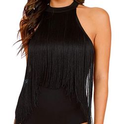 Shein Women's Halter Fringe Trim Sleeveless Cami Bodysuit Top


