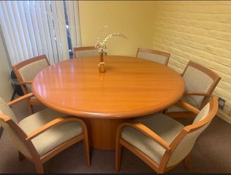 Round Wood Conference Table with 6 Chairs