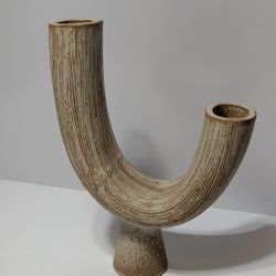 Mid-Century Modern Studio Pottery Double Horn Vase 12.5 Inch Signed Textured Stoneware