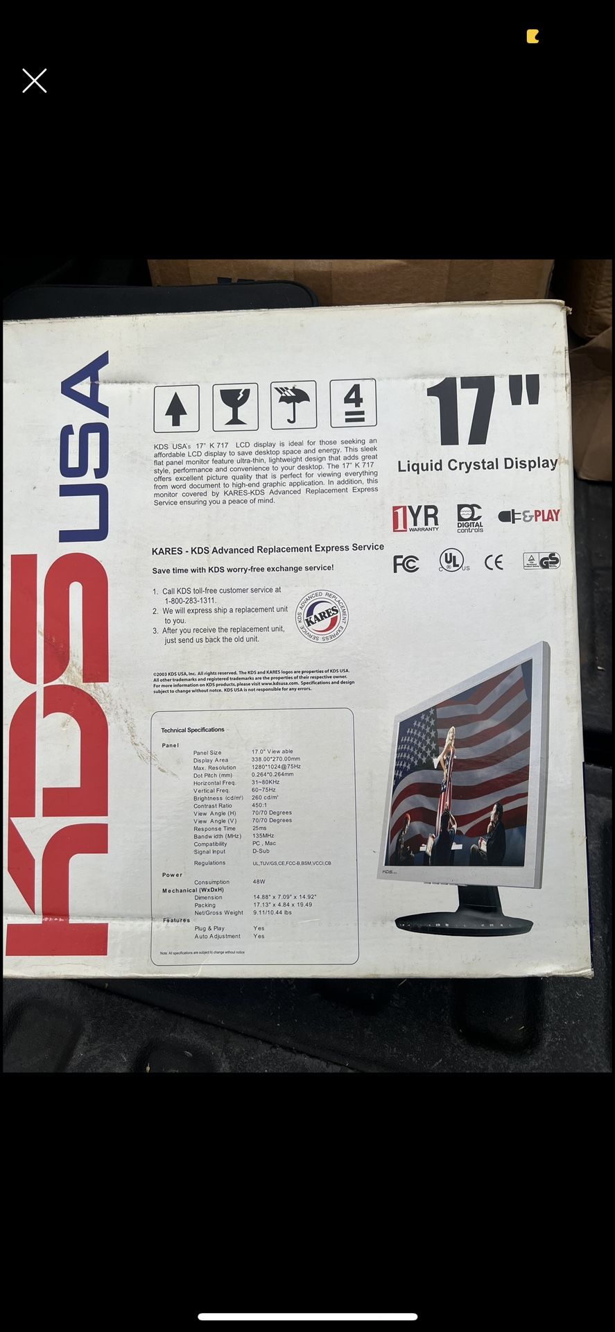 KDS USA FLAT SCREEN 17” LIQUID CRYSTAL DISPLAY WITH PWR CORD !