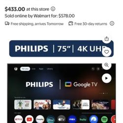 Phillips 75” Class 4k Ultra HD Smart LED TV
