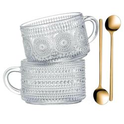 Vintage Glass Coffee Mugs 14 Oz Set of 2 Clear Embossed Tea Cups,. (AD)