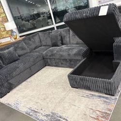 NEW Charcoal Sectional With USB Charging Ports & STORAGE CHAISE & Pull out Bed Finance $54 down pmt