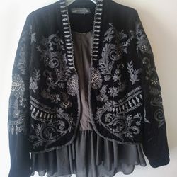 Zara Women Fringed Embroideted Velvet Jacket Size L