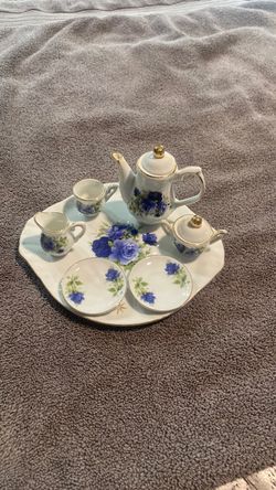 Miniature Porcelain Tea Set with Blue Roses