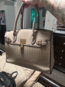 Taupe Woven Satchel Handbag with Gold Lock Hardware