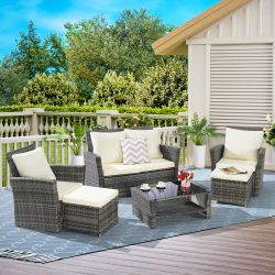6 Piece Wicker Patio Furniture Sets with Ottoman & Tempered Glass Coffee Table