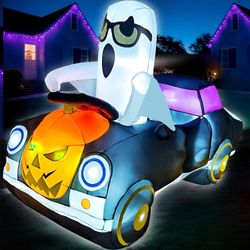 Halloween Inflatables 8FT Long Ghost Driving a Pumpkin Car Decoration Outdoor with Build-in 12 LED Lights Halloween Blow Up Yard Decorations