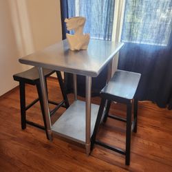 High Top Steel Table/ Dining Table with Undershelf And 2 Solid Wood Stools