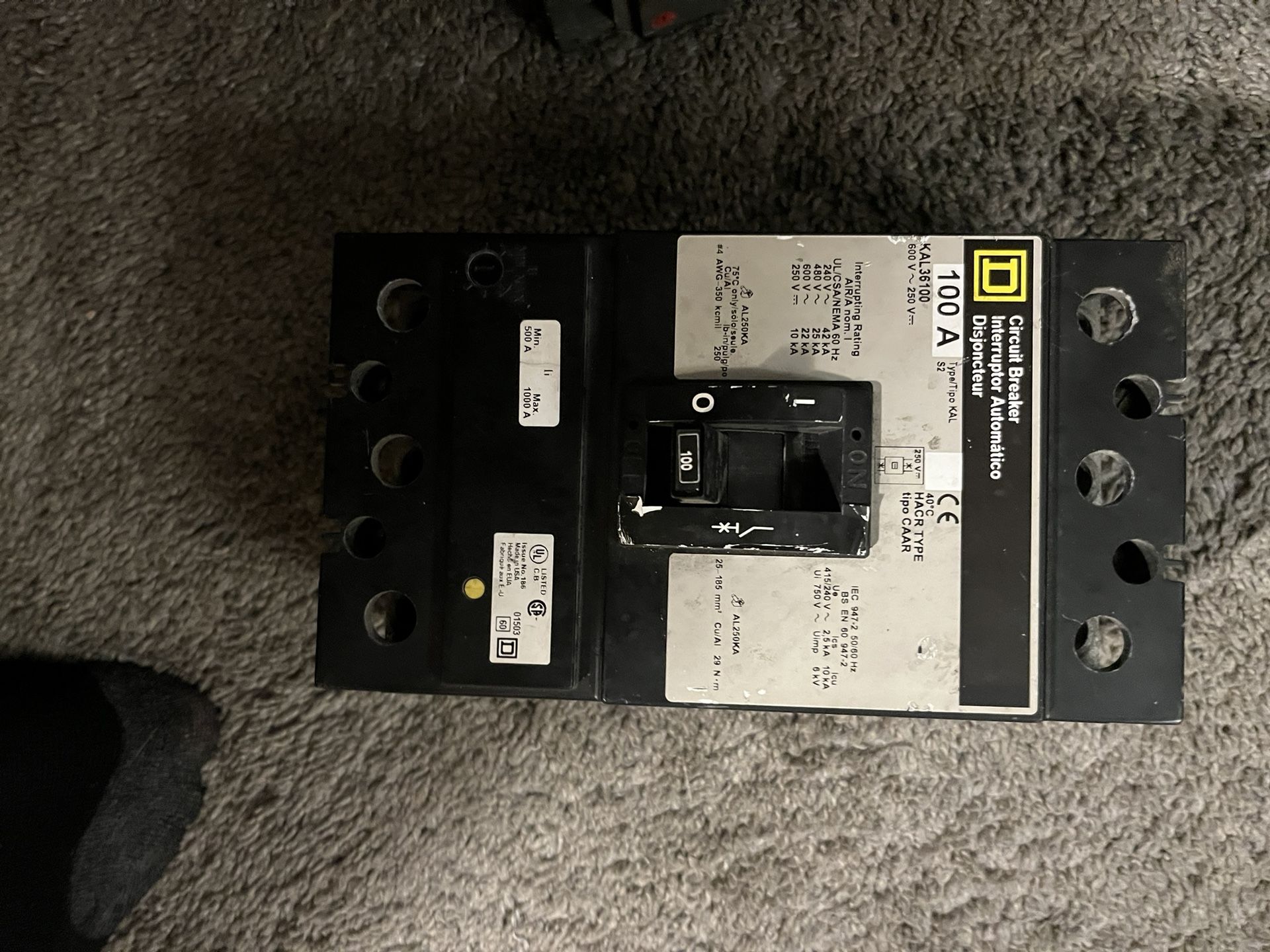 Square D 100 Amp 600v 3 Pole Service Breaker