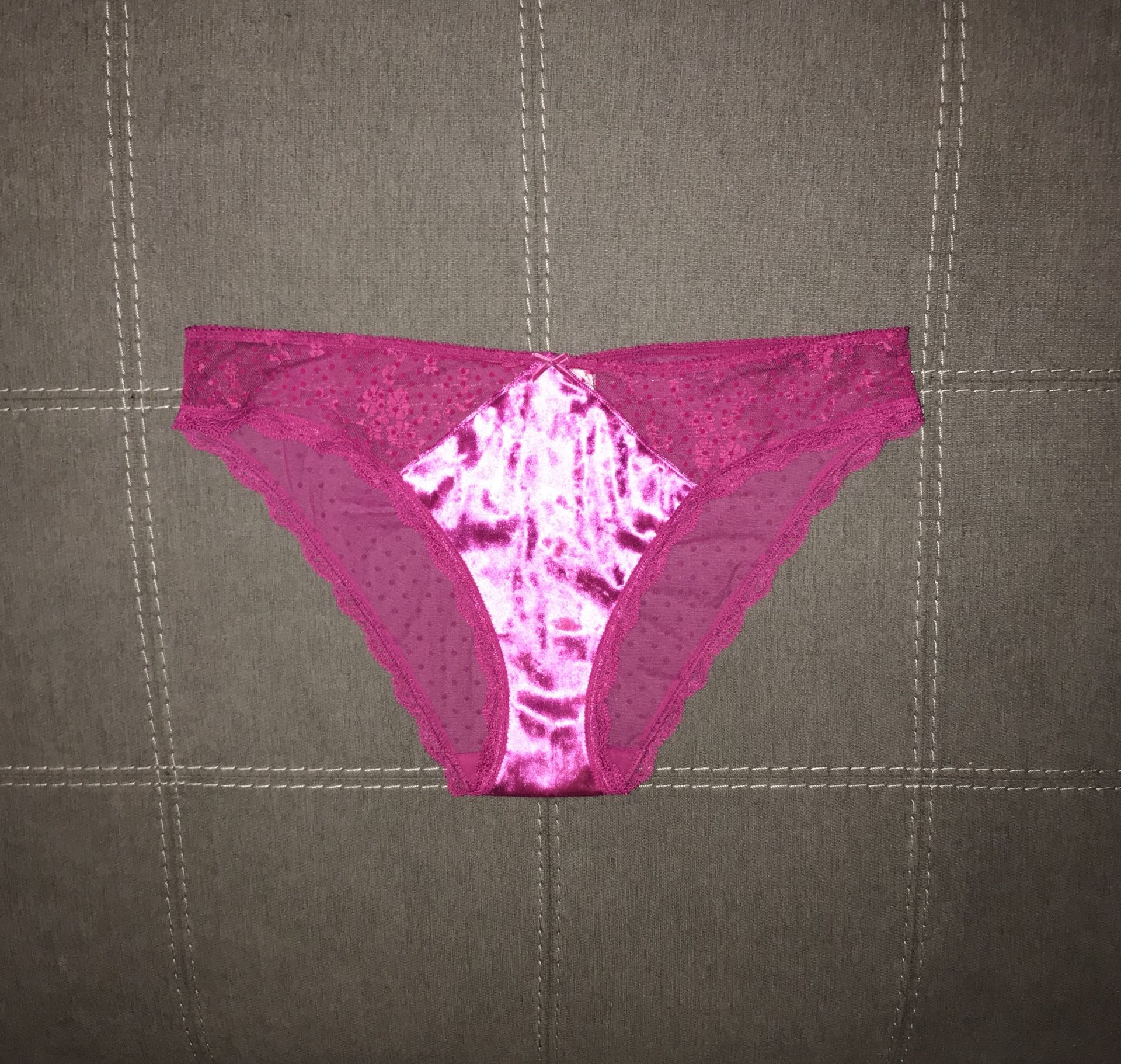 New Victoria Secret panties XL plush velvet luxurious shiny magenta dotted see through mesh Extra Large NEW with tags!