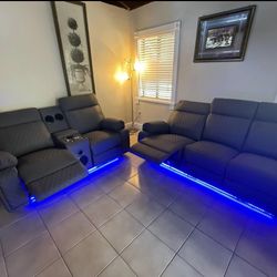 New Dark Grey Sofa Loveseat With Led Lights- Shop Now Pay Later $39 Down 