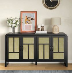 Black Sideboard Cabinet with Rattan Door Panels