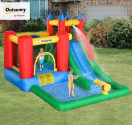 Outsunny 6-in-1 Kids Bounce House Inflatable Water Slide with Pool, Water Cannon, Climbing Wall, Inflator Included, Jumping Castle Kids Backyard Activ